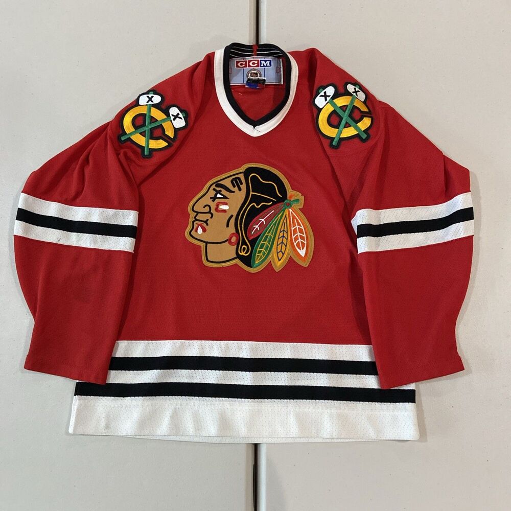E-495 VTG. 1990'S BOYS YOUTH SIZE L/XL CCM CHICAGO BLACKHAWKS NHL HOCKEY JERSEY!